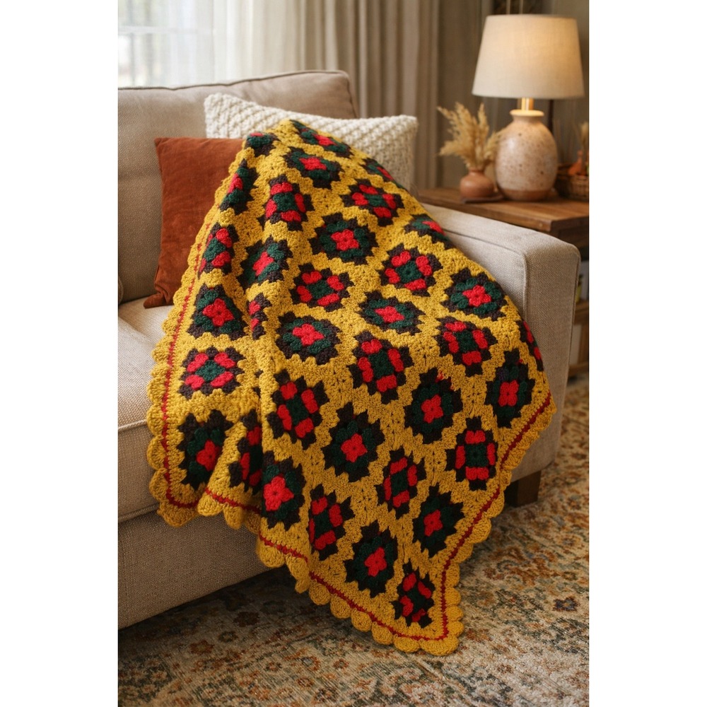 Vintage Crochet Granny Square Afghan Throw 59x45 Boho MCM Blanket‎